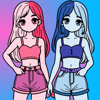 two sisters with crop tops and jean shorts and straight hair