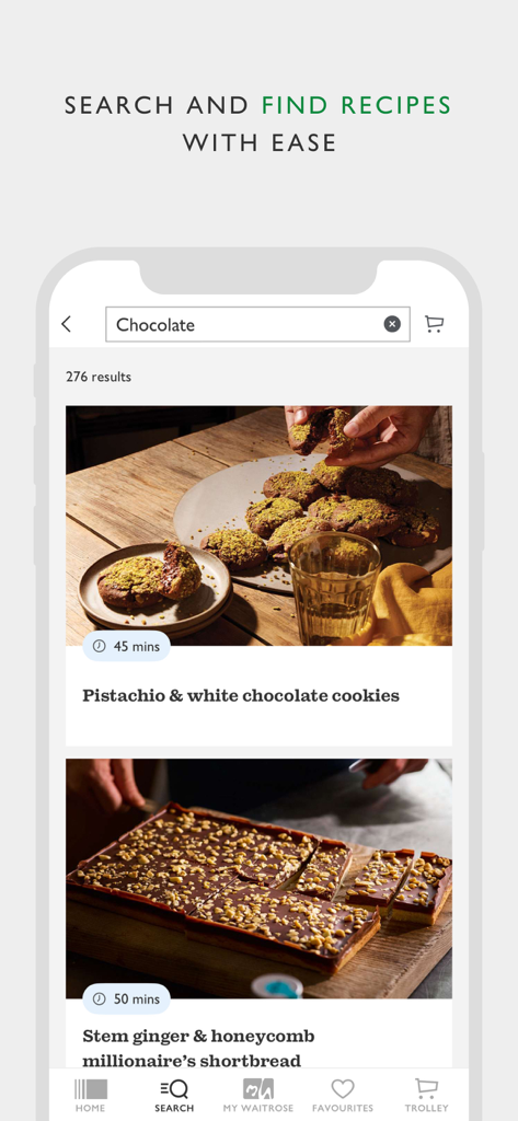 Waitrose and Partners app interface showing search results for chocolate recipes