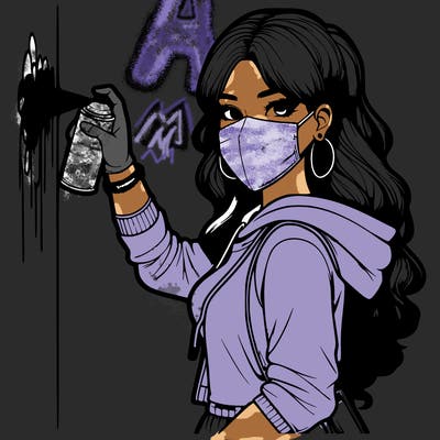 realistic girl with mask spray painting a wall