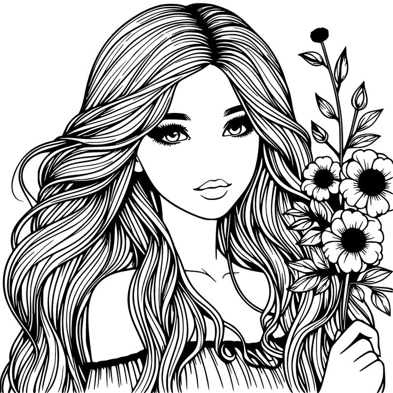 realistic girl with long hair and flowers in hand