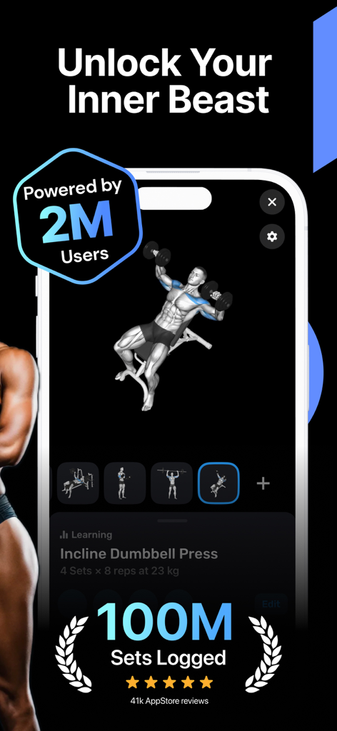 Fitness AI モバイルアプリにダンベルプレスエクササイズとアプリ使用状況の統計が表示されています。