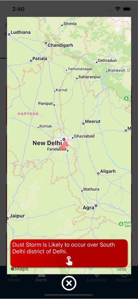 Map view of the SACHET app showing a red dust storm warning for South Delhi