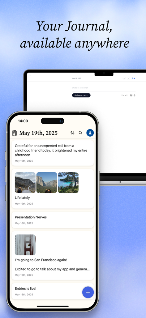 Entries: AI Journal & Diary - Entries AI Journal and Diary app interface displayed on an iPhone and a laptop screen