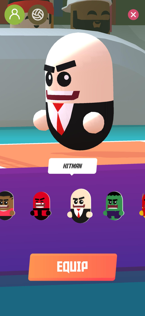 Volleyball Game - Volley Beans - Volley Beansのキャラクター選択画面、ヒットマンの衣装を着たビーンスキンと装備ボタンが表示されている