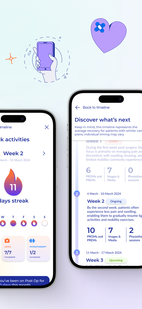 Post Op app interface showing a recovery timeline and daily activity progress