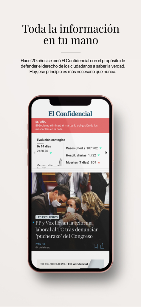 Smartphone screen displaying El Confidencial news app in Spanish