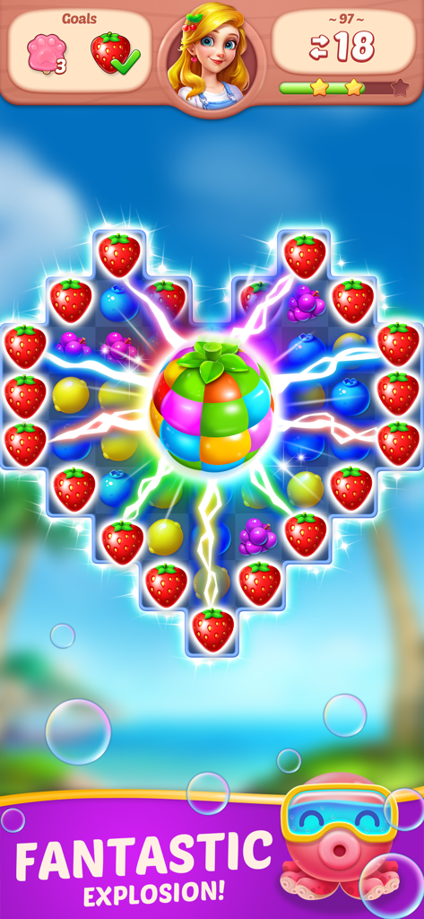 A heart shaped puzzle board with a colorful fruit booster explosion in Fruit Diary