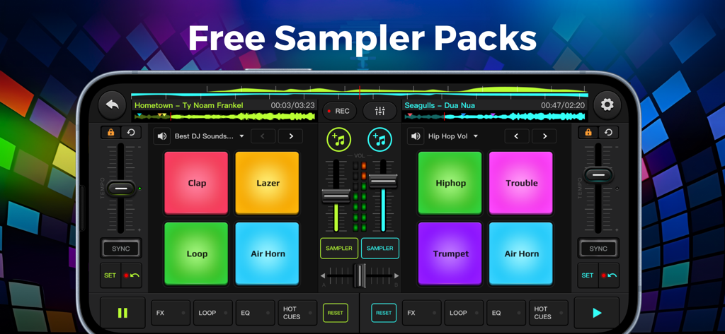 Interface of Rythmix DJ app showing colorful drum pads for music mixing and beat making
