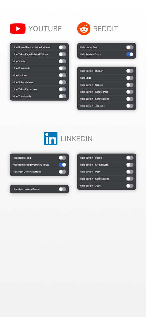 SocialFocus: Hide Distractions - Interface showing distraction blocking settings for YouTube Reddit and LinkedIn in the SocialFocus app