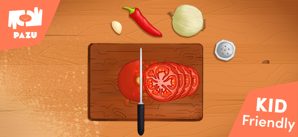 Pizza maker cooking games - Un niño corta un tomate en una tabla de madera en el juego Pizza Maker apto para niños