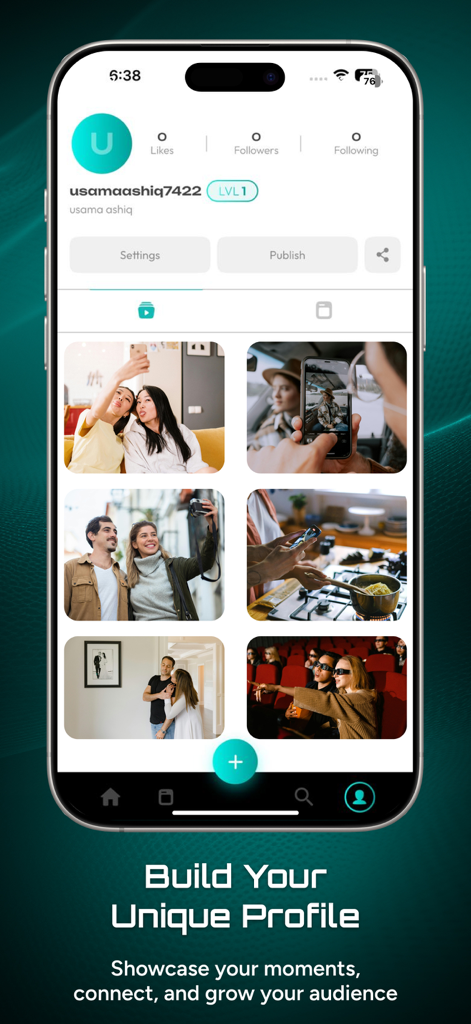 Rumpi - Rumpi app user profile page showing a photo grid and social engagement metrics