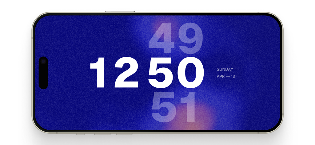 A minimalist digital clock on an iPhone in landscape mode featuring a grainy blue background and bold white numbers