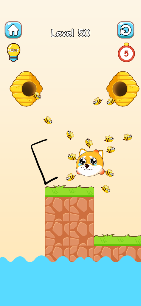 Dog Draw : Save the Dog 2025 - A puzzle level in Dog Draw where a line is drawn to protect a dog from bees