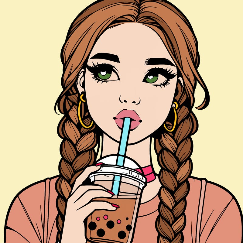 realistic girl with braided hair drinking boba