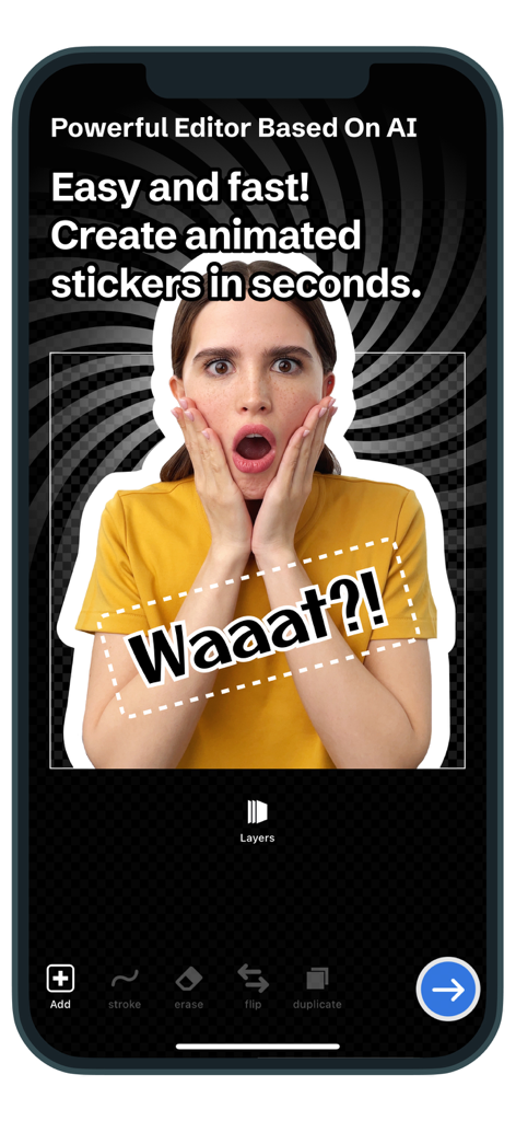 STQR - Sticker Maker Studio - STQR sticker maker app interface showing an AI powered editor with a custom sticker of a surprised woman