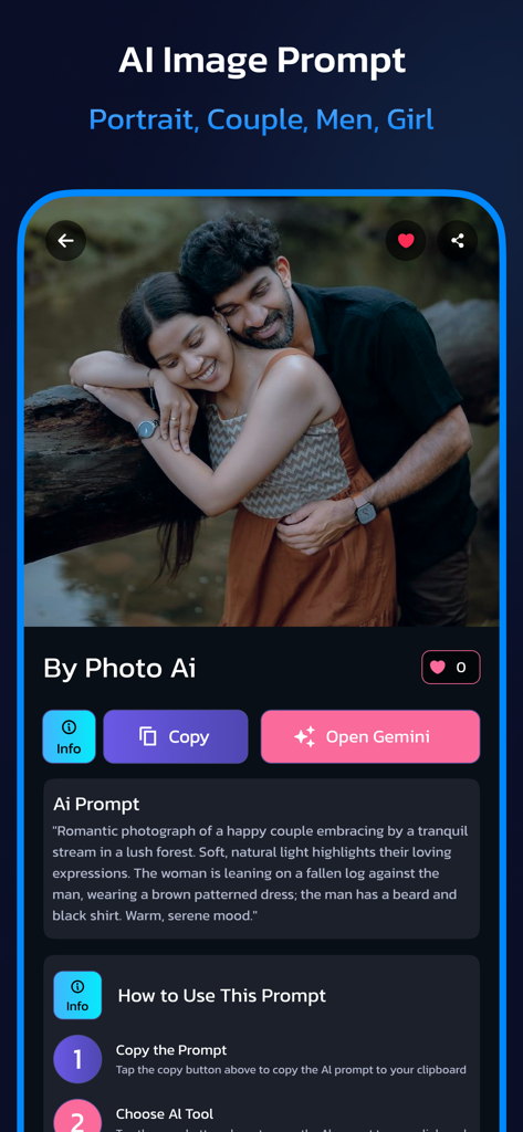 Screenshot of Prompt App displaying a detailed AI image prompt for a couple portrait with a copy button and usage instructions.