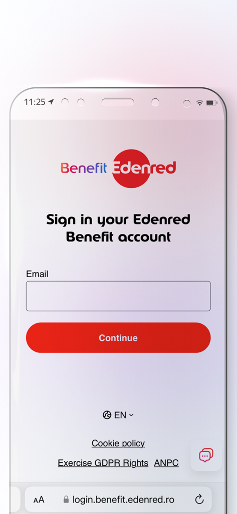 Edenred Benefit - Pantalla de inicio de sesión de la aplicación Edenred Benefit con un campo de entrada de correo electrónico y un botón rojo de continuar