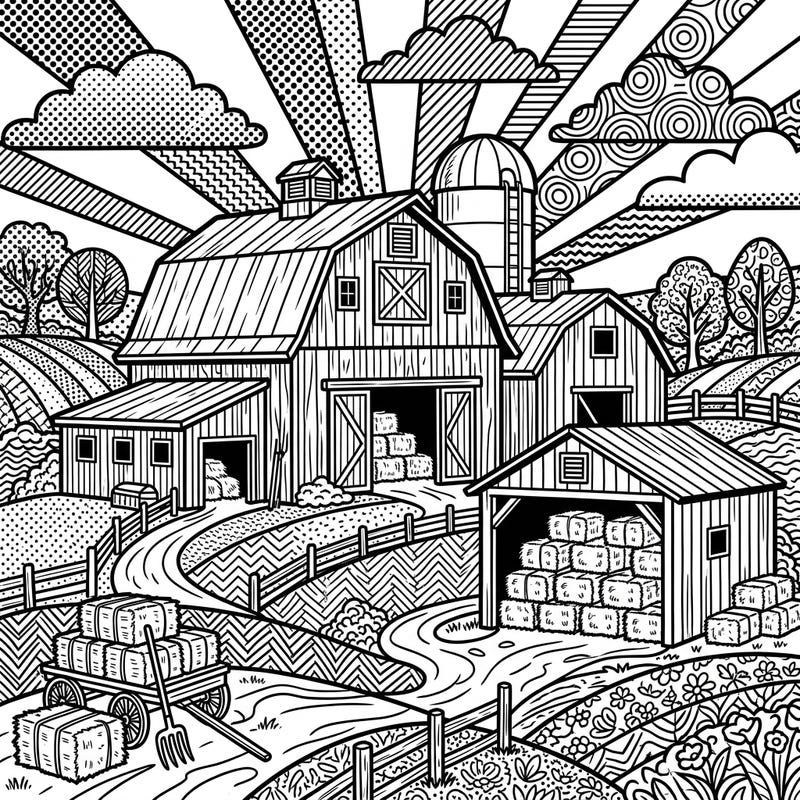 Bring a bustling farm to life with this unique Pop Art hay barns coloring page. Explore bold lines, halftone dots, and geometric patterns as you color a vibrant rural landscape.
