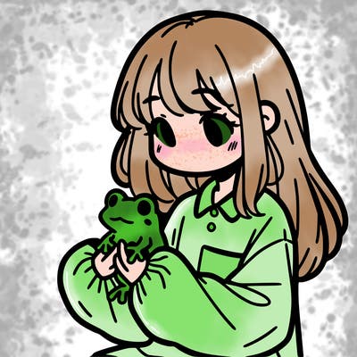 girl with long hair and a oversized shirt. and she is holding a frog