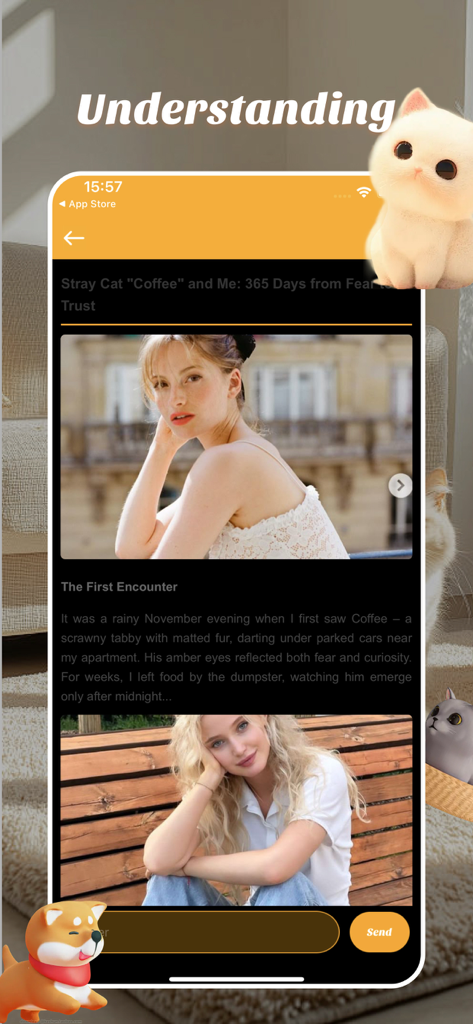 Zutto - Discover, Care, Share - A screenshot of the Zutto app showing a blog post titled Stray Cat Coffee and Me featuring a personal story about pet adoption and trust.