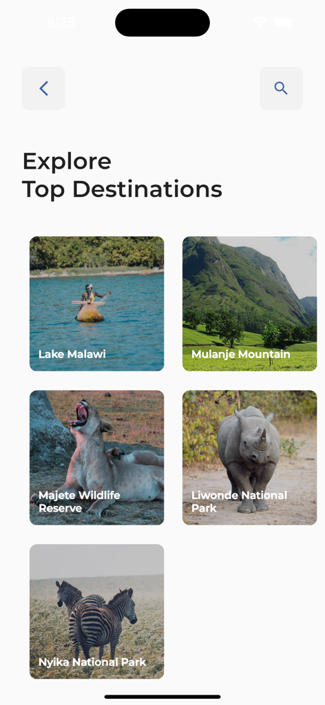 Mobilbildschirm, der die Top-Reiseziele in Malawi zeigt, darunter der Malawisee, der Mulanje-Berg und Wildreservate