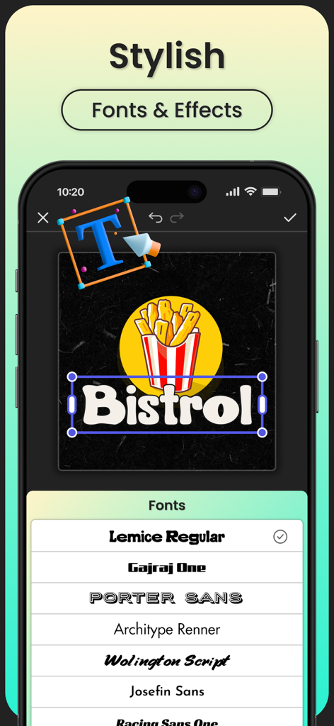 Logo Maker：Logo Design - Interface de aplicativo móvel para design de logos com vários estilos de fonte e ferramentas de edição de texto