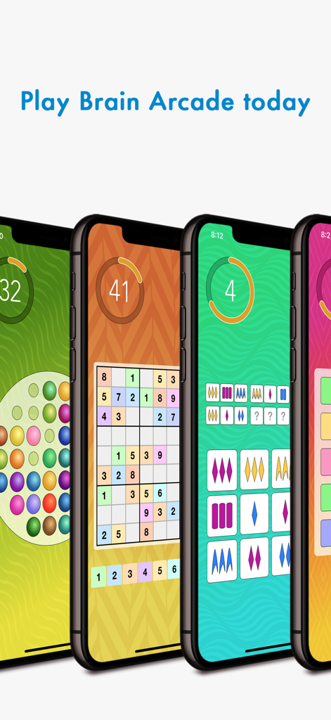 Brain Arcade - Four iPhone screens displaying different puzzle games from the Brain Arcade collection