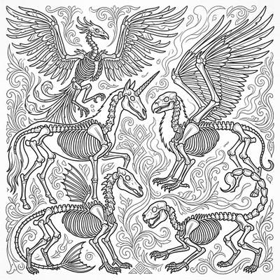 Discover a stunning collection of mythical creature skeletons, including a phoenix, unicorn, and griffin, intricately designed for your coloring pleasure. Immerse yourself in the magic of ancient legends with this unique and detailed fantasy art page.