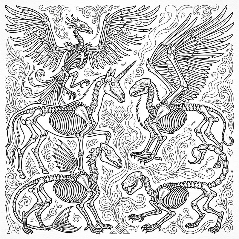 Discover a stunning collection of mythical creature skeletons, including a phoenix, unicorn, and griffin, intricately designed for your coloring pleasure. Immerse yourself in the magic of ancient legends with this unique and detailed fantasy art page.