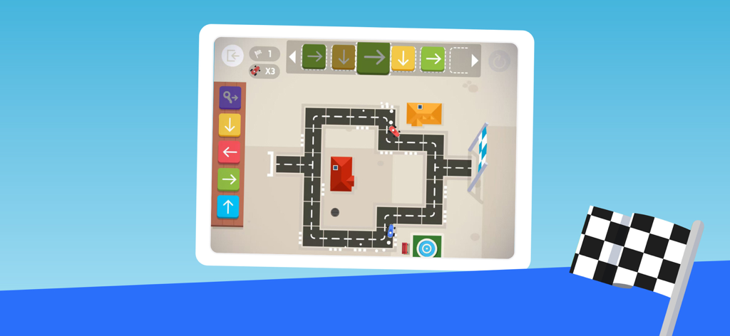 Code Karts - Pre-coding logic - La aplicación Code Karts muestra un puzle de pista de carreras con flechas de codificación direccional