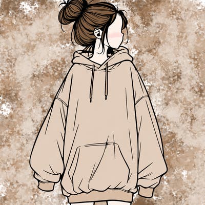 realistic girl with a oversized sweatshirt on and a bun