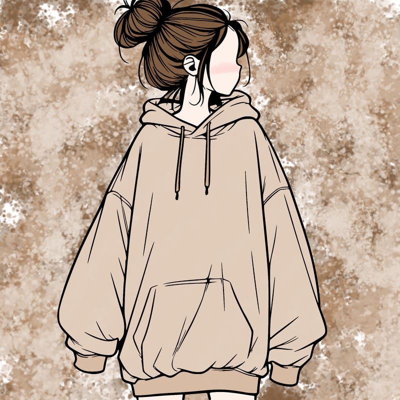 realistic girl with a oversized sweatshirt on and a bun