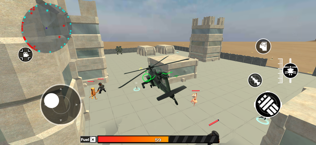 Survival in Brainrot: Shooter - Captura de pantalla del juego de una misión de helicóptero en Survival in Brainrot Shooter mostrando el entorno 3D y los controles del juego