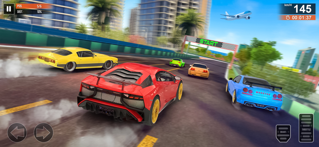 A red supercar racing against other cars on a city track in a 3D driving game.