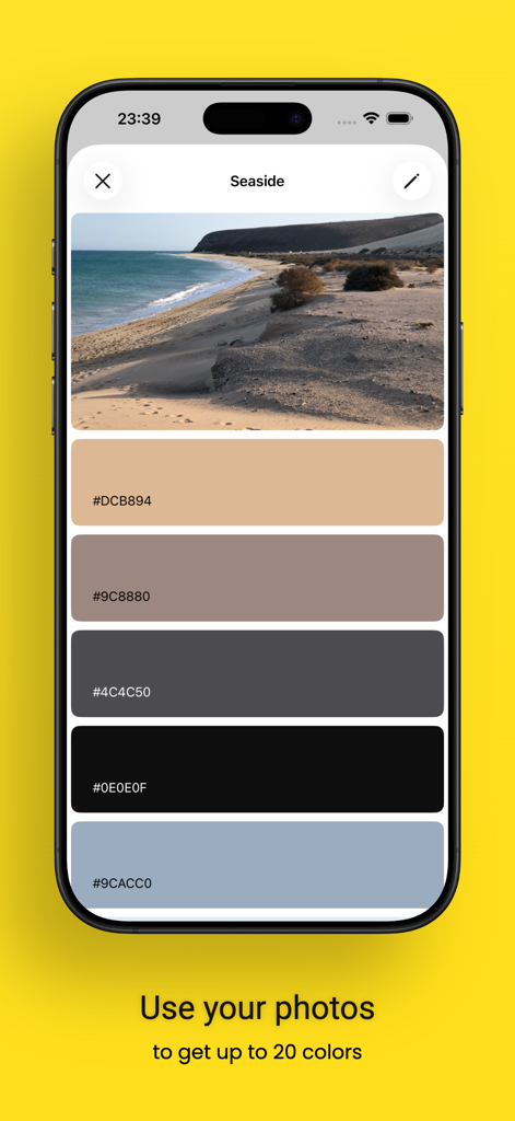 Interface do aplicativo Color Harmony extraindo uma paleta de cores de uma foto de paisagem
