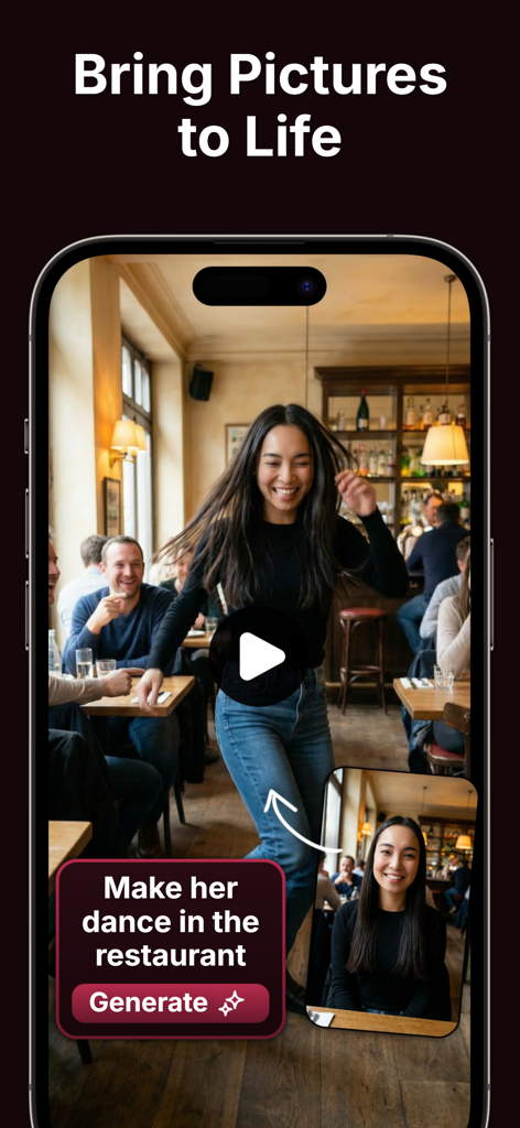 Clipro - AI Video Maker - Captura de tela do aplicativo Clipro mostrando uma foto estática sendo animada em um vídeo de uma mulher dançando em um restaurante usando IA.