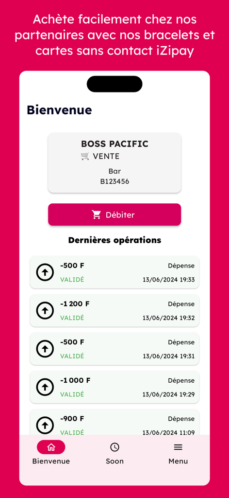 iZipay Pacific - App móvil iZipay Pacific mostrando el historial reciente de pagos sin contacto y el saldo de la cuenta