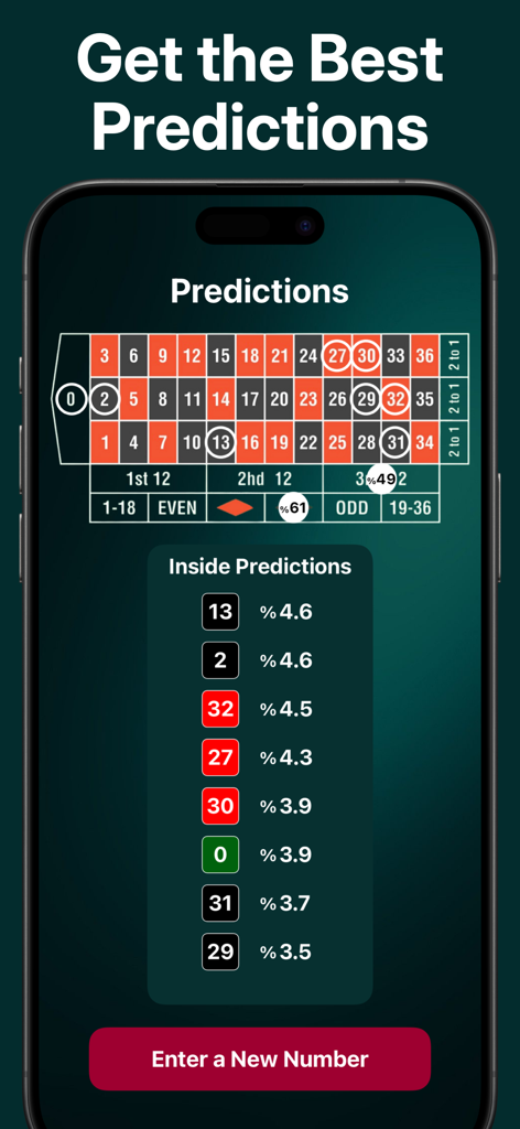 Mobile app interface showing roulette table layout and AI generated number predictions with percentage probabilities