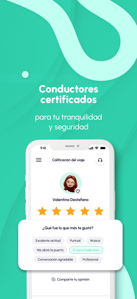 Ridery: Safety rides - Ridery app screen showing a five star driver rating and certified driver feedback tags