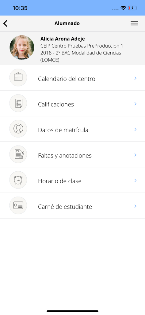 Pincel Alumnado y Familias - Vista del perfil del estudiante en la aplicación Pincel Alumnado y Familias con información académica y opciones de menú para calificaciones y horario