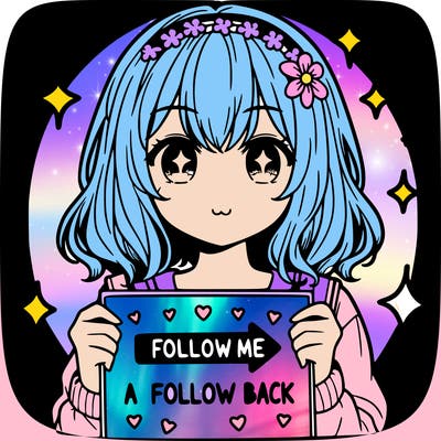 a picture of an anime girl holding a sign that says follow me for a follow back