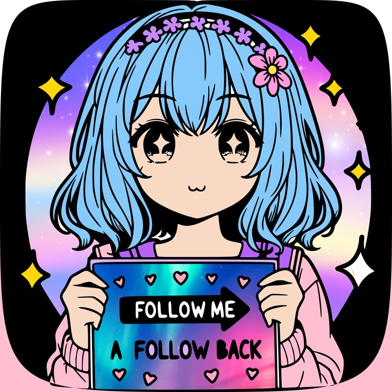 a picture of an anime girl holding a sign that says follow me for a follow back