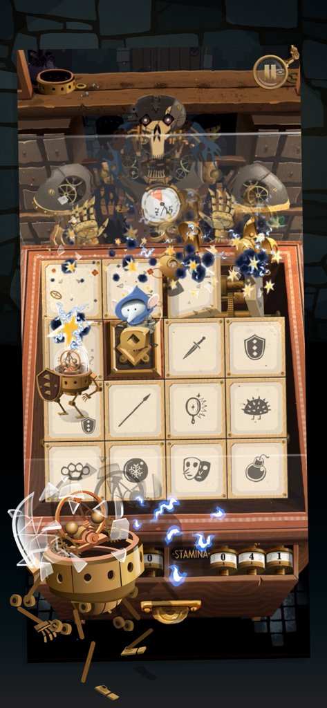 A mouse hero on a four by four tactical grid facing a mechanical boss in Maze Machina.