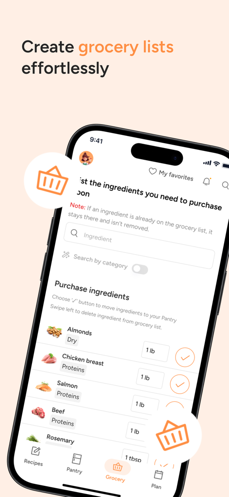Food Simp: Cook by Ingredients - The Food Simp app showing a smart grocery list interface with ingredients to purchase like almonds and chicken breast