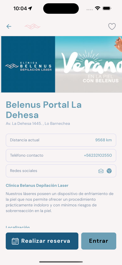 Belenus - Belenus app screen showing location details for the Portal La Dehesa clinic and a booking button