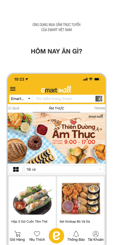 Emartmall VN - Interface de l'application d'achat en ligne Emartmall VN affichant des options alimentaires.