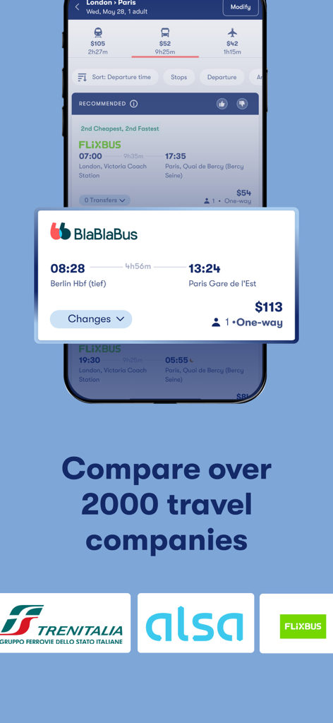 Interface de l'application Omio comparant les billets de bus et de train de Londres à Paris avec les logos des principales compagnies de voyage