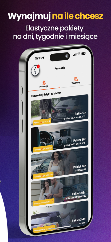 4mobility - wynajem samochodów - 다양한 차량 공유 렌탈 패키지 및 프로모션을 표시하는 4mobility 앱의 스마트폰 화면