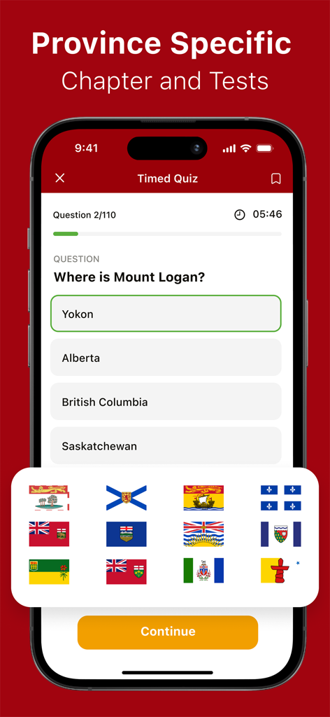 Una interfaz de cuestionario cronometrado para la aplicación Ciudadanía Canadiense 2026 con capítulos de estudio y preguntas específicas de la provincia