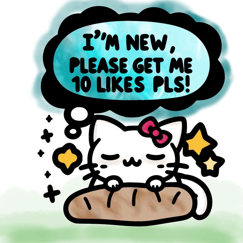 kitty taking a nap dream talking and saying "i'm new, please get me at least 10 likes pls!!"